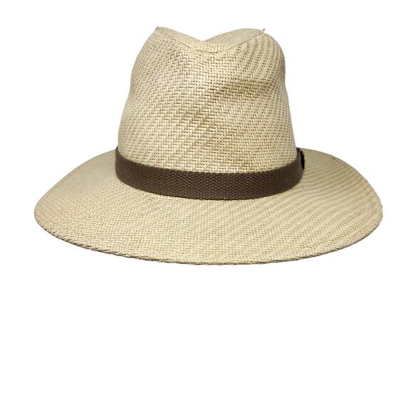 Disney Woven Fedora Panama Hat Adult Size Micky Mouse Metal Logo Brown Belt Trim - Picture 5 of 11